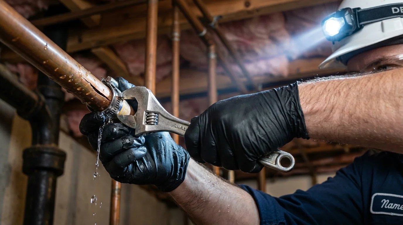 Emergency pipe clamp repair being performed by a Johns Plumbing LLC plumber in Dunsmuir