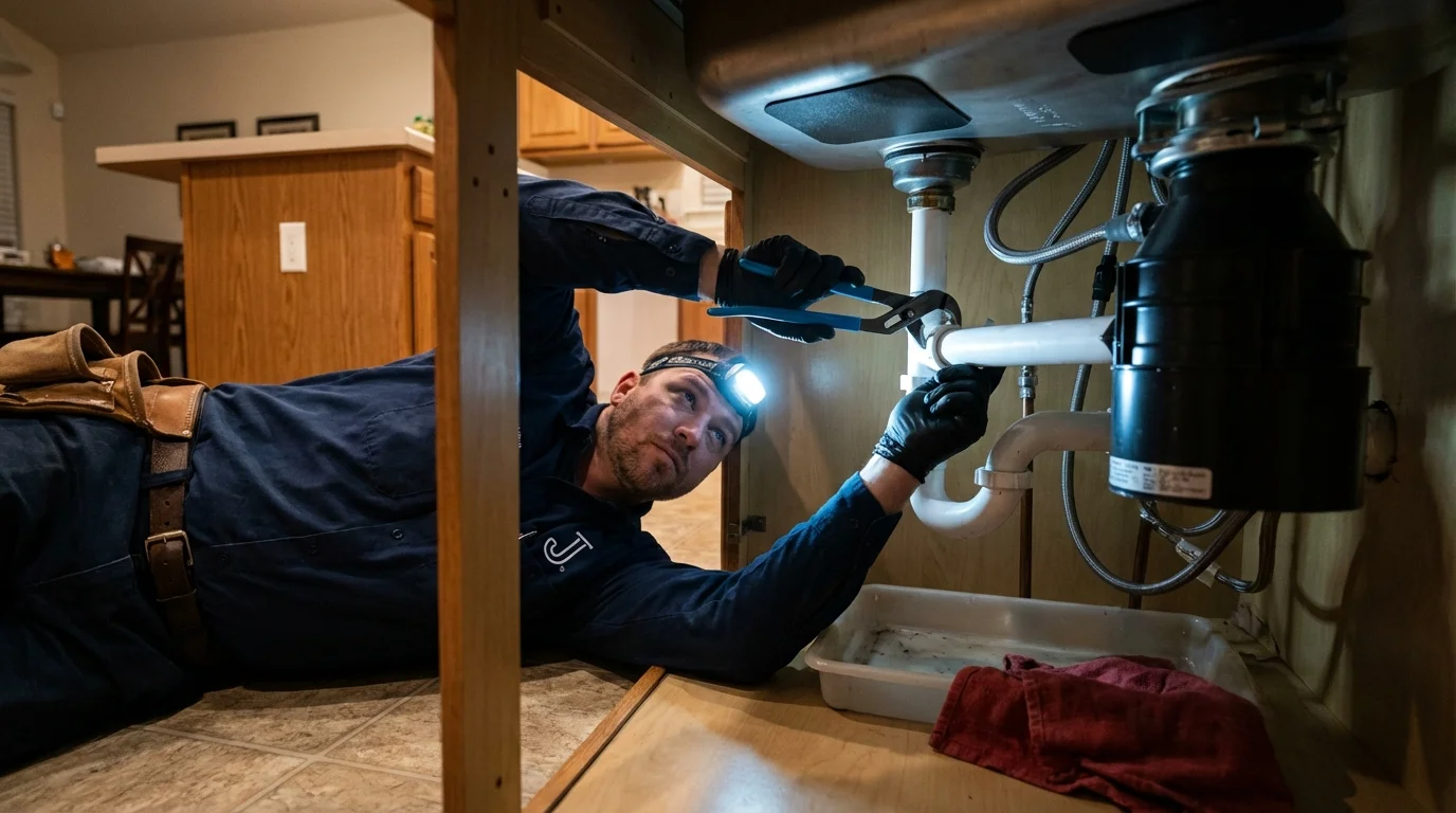 P-trap and supply line connections under a kitchen sink showing a common leak point in Dunsmuir, CA